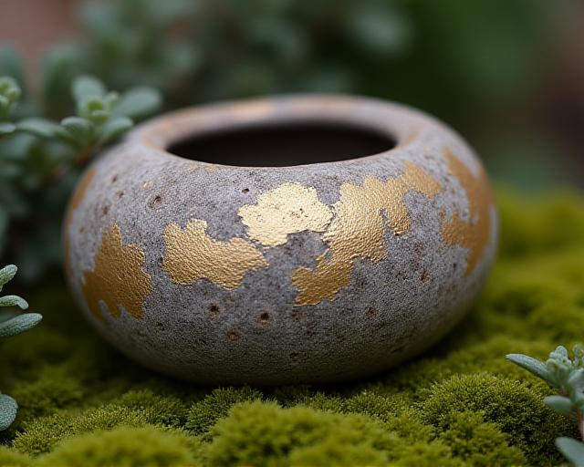 石と苔に調和する陶器の金継ぎ